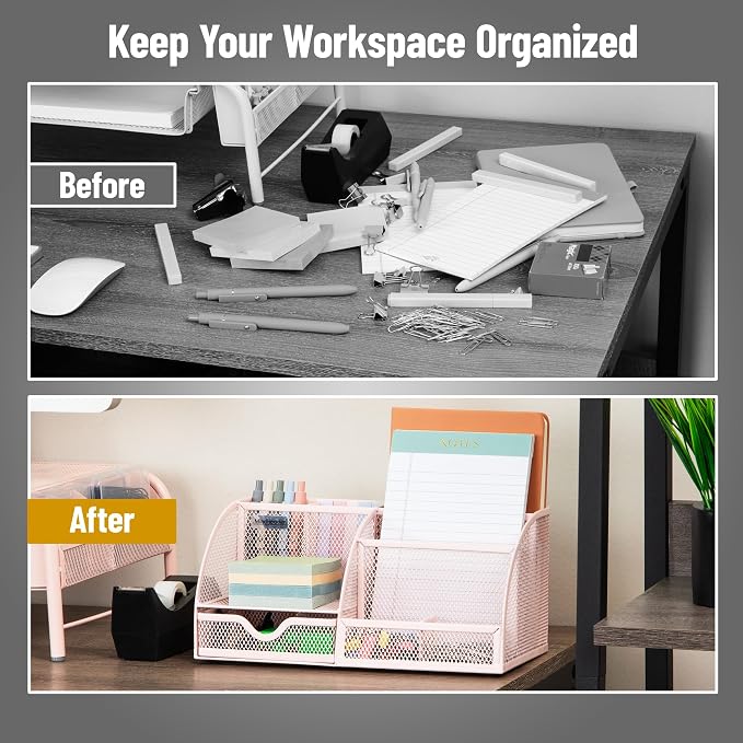 Mind Reader 7-Compartment Desktop Organizer, Metal Mesh Desk Organizer for Pens, Sticky Notes, Mail and Office Supplies, Pink