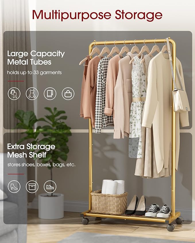 Sakugi Clothes Rack - Clothing Rack with Storage Mesh Shelf & Casters, Heavy-Duty Metal Clothing Rack for Hanging Clothes, Dresses, Coats, Large Load Capacity, Easy Assembly, Gold, 28.0"x16.9"x59.0"