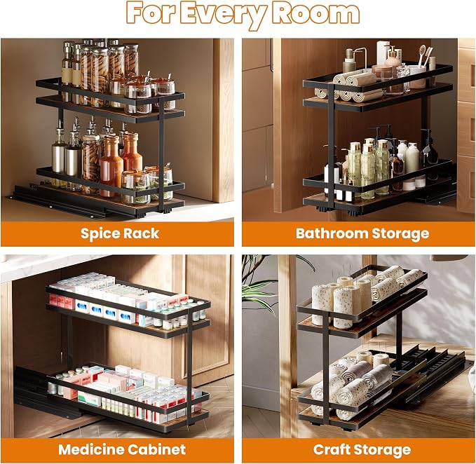 Pull Out Spice Rack 2-Tier Metal & Wood Seasoning Organizer | No-Drill Install | Full-Extension Silent Glide | Each Tier Holds 10–12 Standard Spice Bottles | Rustproof, Wipe-Clean Surface