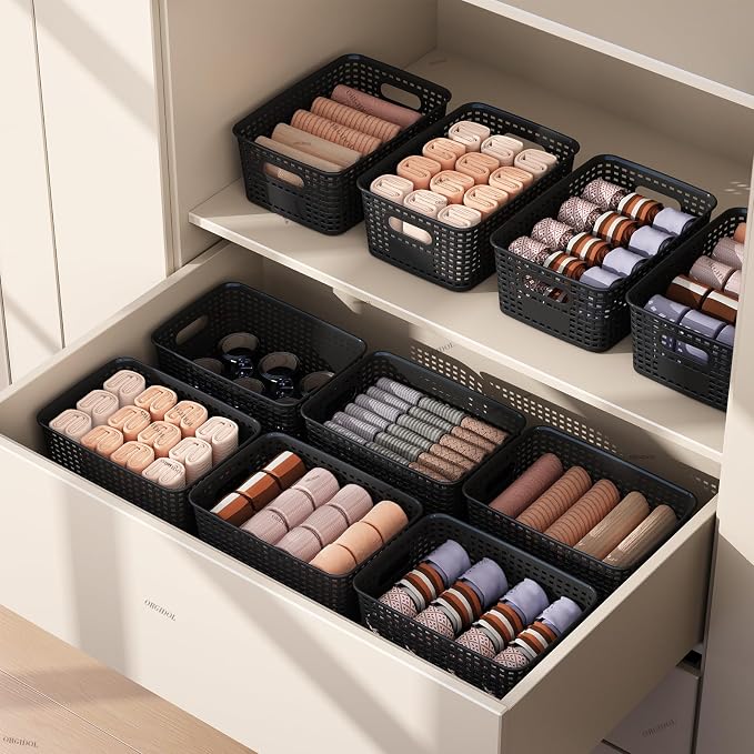 ORGIDOL Plastic Storage Basket with Lids 10 Pack Stackable Black Storage Bins Containers with Lid, Decorative Storage Boxes for Organizing Shelves, Drawers, Playroom, Classroom, Office, Closet