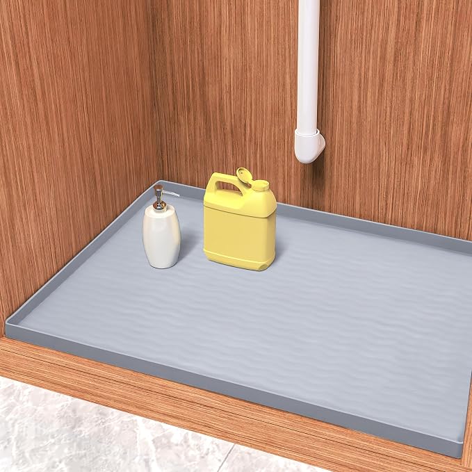 URMONA Waterproof Silicone Under Sink Mat 31'' x 22'' Shelf Liner for Kitchen and Bathroom, Cabinet and Counter Protector, Storage and Organizers, Litter Mat, Pet Cat Puppy Essentials(Light Grey)