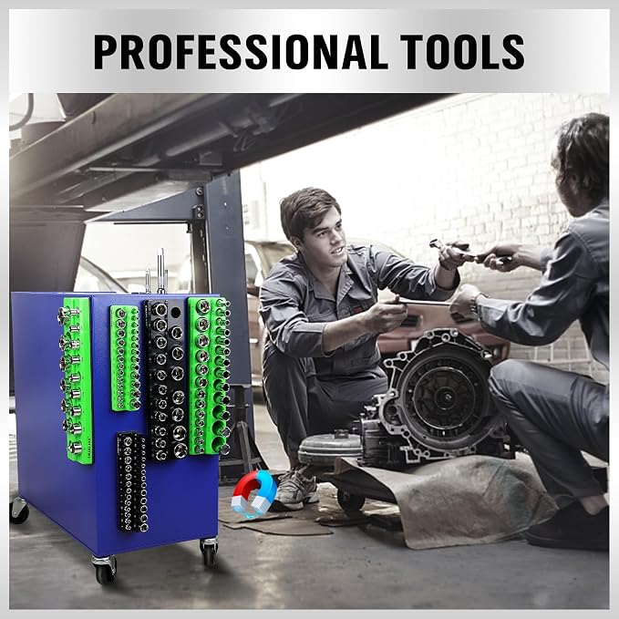 Magnetic Socket Organizer Set, 6-piece 1/4", 3/8", 1/2" SAE & Metric Sockets Holder, Drive Socket Trays, Storage Tool Box, Holding 143 Slots, Soft Rubber Covering Black Green Tools
