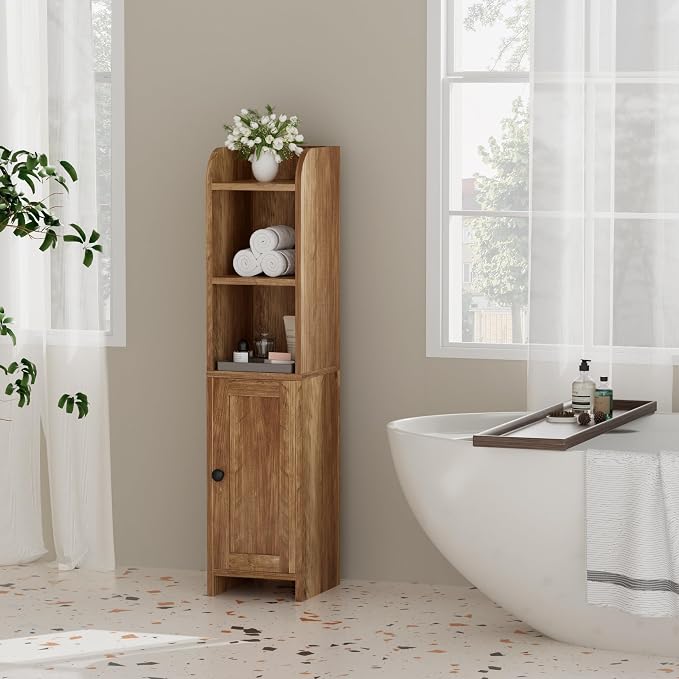 Homhedy Small Bathroom Storage Cabinet, Narrow Toilet Paper Cabinet | Corner Floor Cabinet with Door and Shelves, Slim Bathroom Cabinet for Small Spaces, 7.9" D x 7.1" W x 31" H, Rustic Walnut