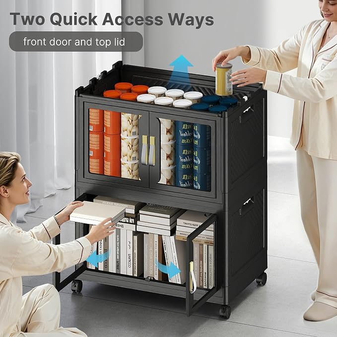 Stackable Storage Bins with Lids, 240QT Extra Large Storage Cabinet | Clear Doors, Foldable Storage Drawers, Heavy Duty, Collapsible Closet Organizers for Bedroom Office (2, Black, 120, Quarts)