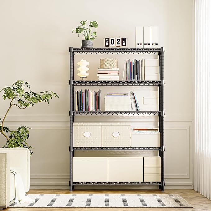 IZEUK 5-Tier Heavy Duty Metal Storage Shelving Unit (Black, 17.7" D x 47.2" W x 72.3" H, 1750 lbs Capacity), Adjustable Steel Wire Rack Shelf Organizer for Garage, Kitchen, Basement, Laundry, Office