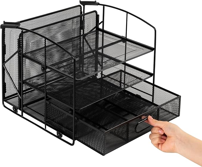 Amazon Basics Sturdy Rectangular Desktop Organizer with 3 Trays, Sliding Drawer and Hanging File Holder for Office Supplies, Black