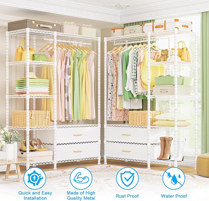 Ulif F3 Heavy Duty Clothes Rack（With Fabric Drawers）Freestanding Clothing Racks for Hanging Clothes，Adjustable Closet Organizer System，Portable Garment Rack 40" W x 15" D x 72" H，Max Load 700LBS，White