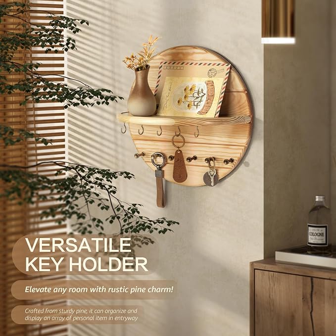 Rebee Vision Key Holder Wall Mount for Farmhouse Wall Decor, Natural Wood | Pine Wood, Round Wall Shelf, Key Hanger for Kitchen & Entryway, Letter Display, Plant & Mail Organizer, Farmhouse Home Decor