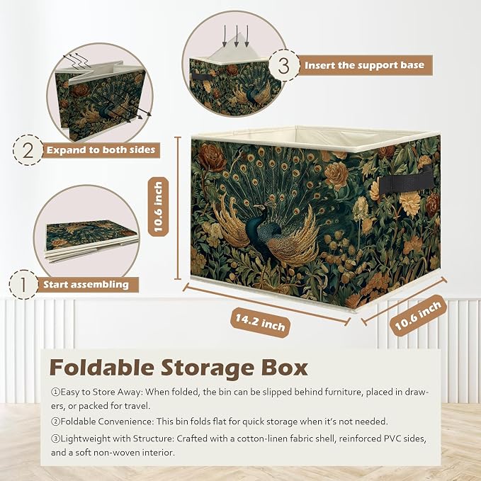 Peacock Floral Storage Box Bins, Vintage Cottagecore Wildflower Peacock Collapsible Storage Basket Organizer for Bedroom Laundry Room Home Clothes Books, Decor for Room