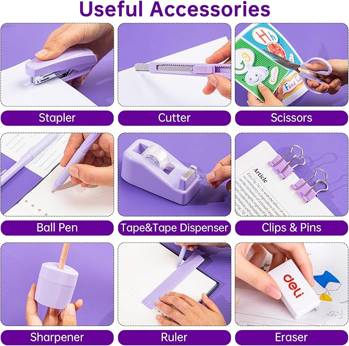 deli Office Supplies Set, Desk Accessory Organizer Kit, Purple | Stationary Set, Desk Supplies with Rotating Multi-Functional Pen Holder &Stapler Set for Office, School, Home