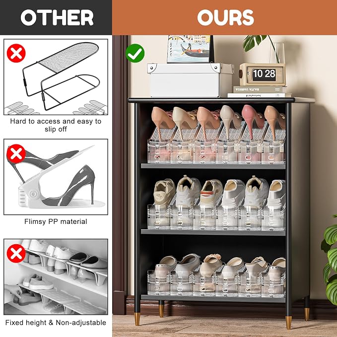 Shoe Slots Organizer for Closet, 20 Pack Acrylic Shoe Stackers Shoe Rack Holder, 3 Levels Adjustable Thickening Shoe Display Shoe Storage 50% Space Saving Zapateras Organizer (Clear,20 Pack)