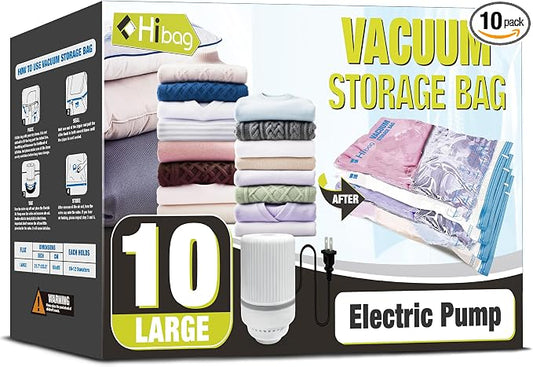 HIBAG Vacuum Storage Bags with Electric Pump, Vacuum Seal Bags for Clothing, Pillows, Blanket Bedding Comforters, 10 pack Large