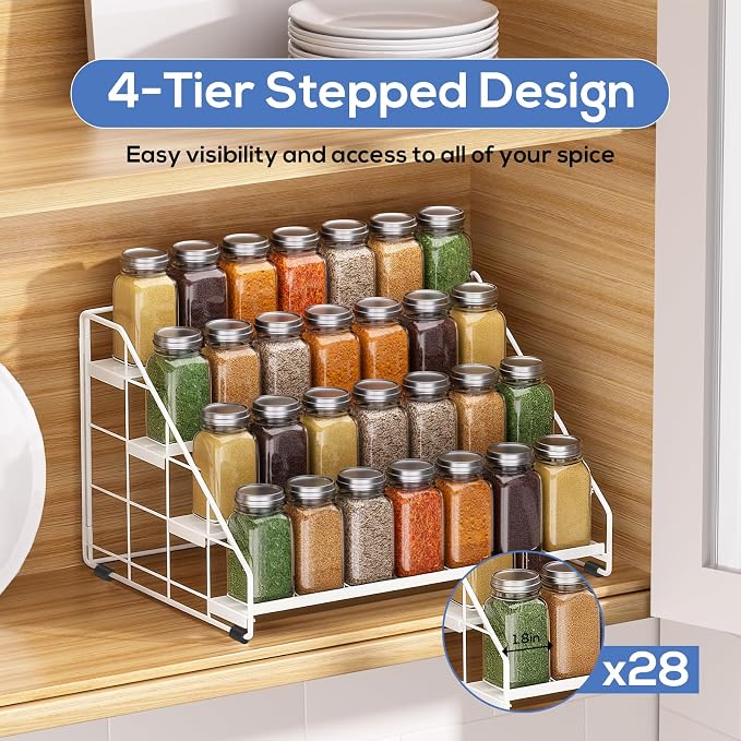 Spice Rack Organizer for Cabinet, 4 Tiered Spice Rack Organizer, Tiered Adjustable Spice Shelf for Kitchen (White-1Pcs)