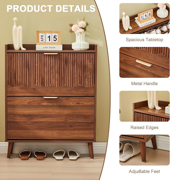 BERRYMERRY 30" Walnut Narrow Shoe Storage Cabinet with 2 Flip Drawers | narrow,entryway,adjustable feet,20 pairs shoe,shoe organize,hidden shoe rack,fluted panel,wave pattern,wood,space saving