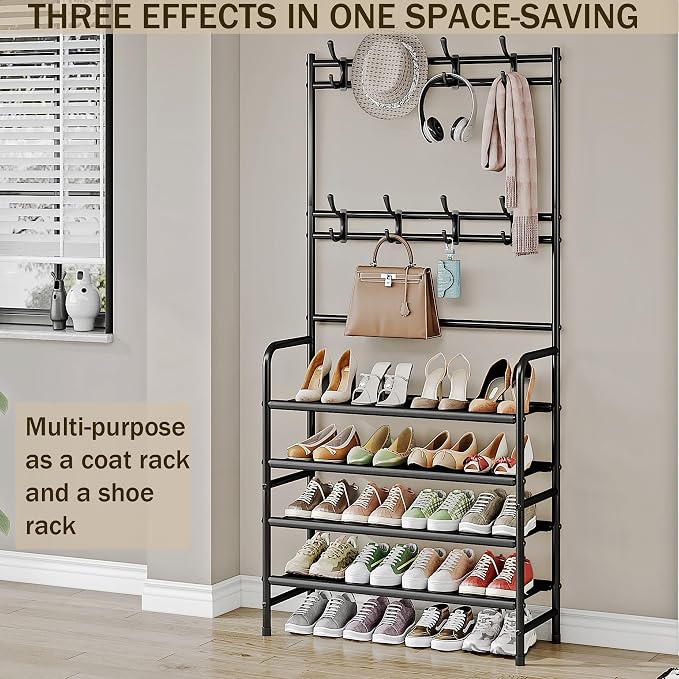 Coat Rack Shoe Rack With Storage Hooks Standing Organizer 4 Tier | Metal Freestanding Hall Tree for Clothes Hats bag Scarves Space Saving Design for Entryway Bedroom living Closet Office,Black