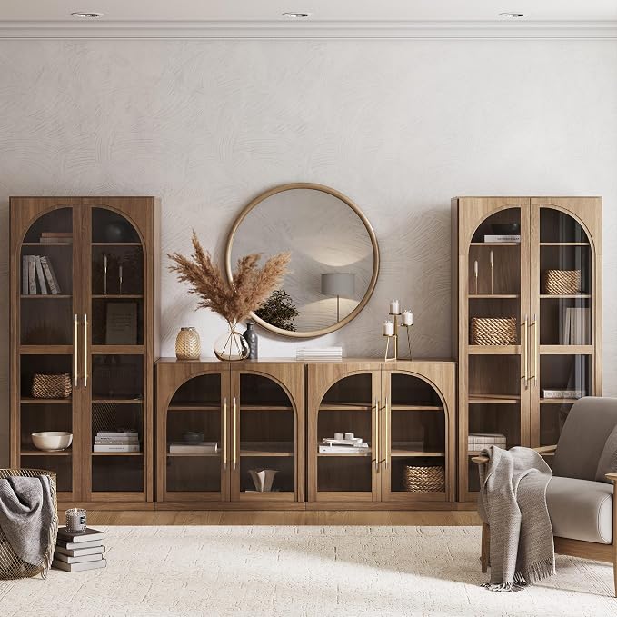 BELLEZE 4-Piece Modular TV Stand Set - 2 Arched Glass Door Sideboard Buffet and 2 Tall Storage Cabinets, Classic Modern Modular Entertainment Center with Adjustable Shelves for Living Room(Camel)