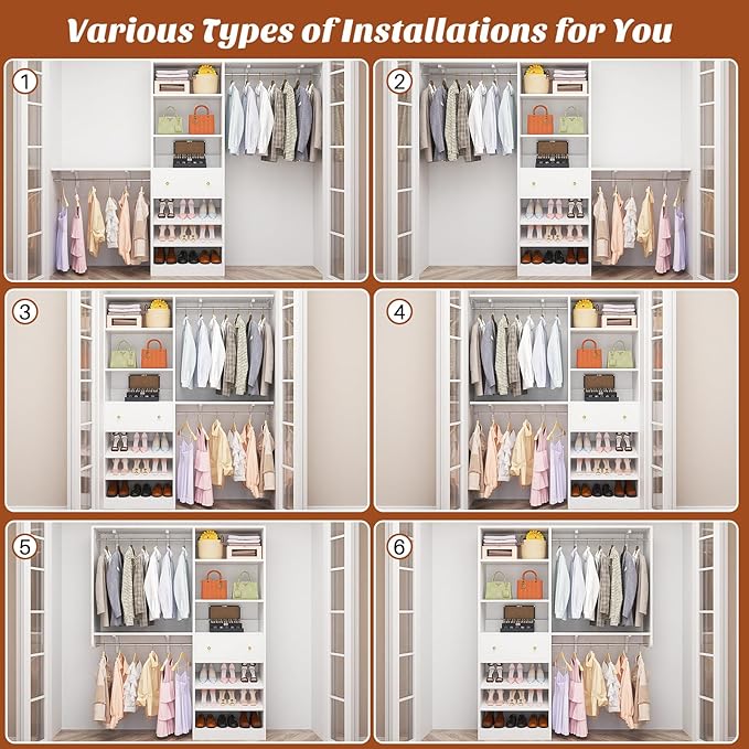 [10 FT Closet System] 120 Inch Reversible Set of 2 Wood Closet Organizer System with 2 Drawers, 4 Hanging Rods Adjustable Shelf, Walk In Closet Organizers with Shoe Rack, Garment Rack, White