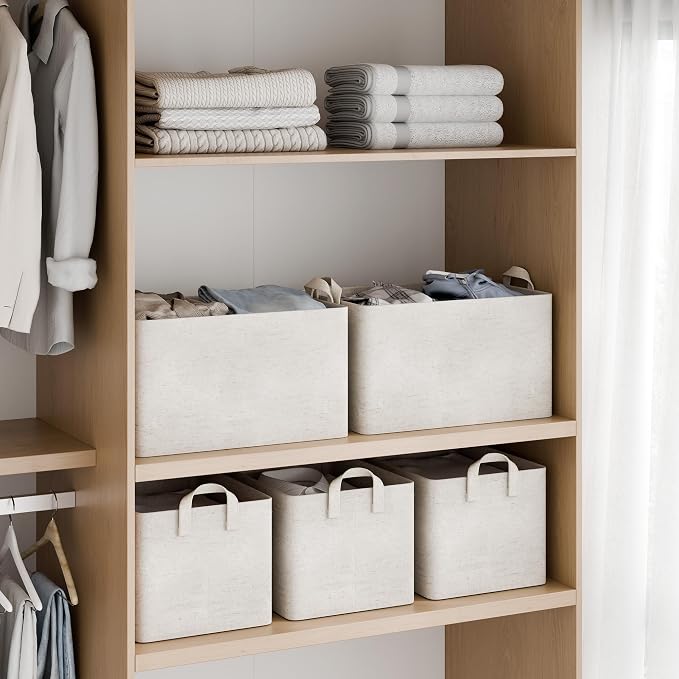 StorageWorks Storage Bins, Shelves Baskets for Organizing, Large Fabric Closet Organizers with Handles, Metal Frame, Beige-Cotton-linen, 2-Pack