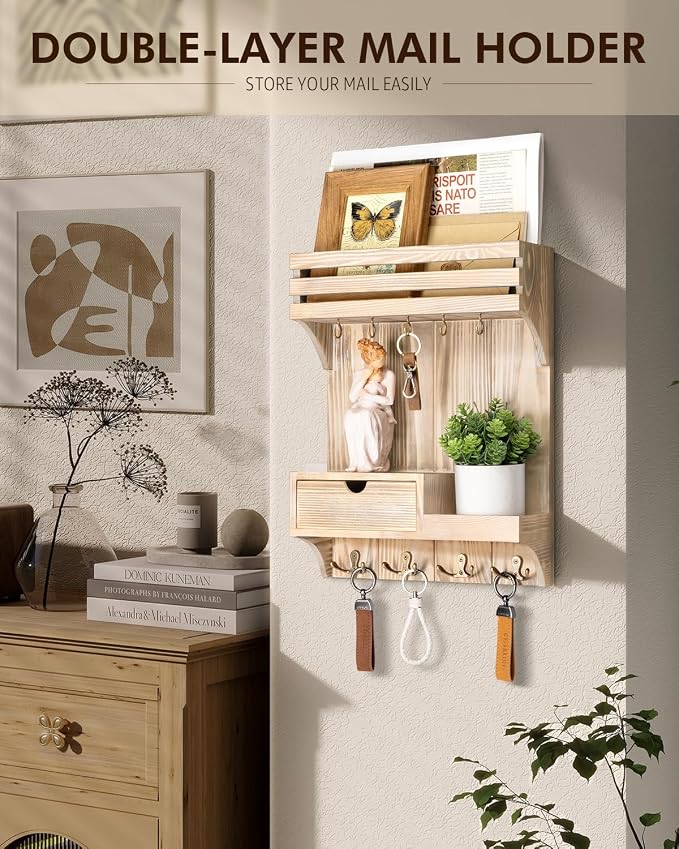 Rebee Vision Key Holder Wall Mount with Drawer for Entryway, Natural Wood | Key Holder for Wall, 9 Key Hooks, Wall Shelf, Drawer Organizer, Mail Sorter, Key Hanger Home Decor, Decorative Home Storage