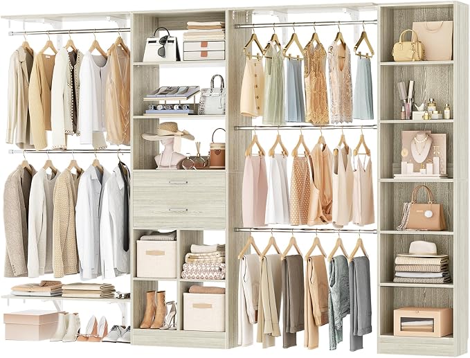 Besiost Closet System - 9.4FT/112" Closet Organizer System with Wooden Drawers,Closet Systems for Walk-In Closets with Hang Rods and Open Cabinet, Greige Oak