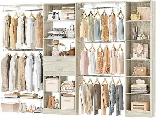 Besiost Closet System - 9.4FT/112" Closet Organizer System with Wooden Drawers,Closet Systems for Walk-In Closets with Hang Rods and Open Cabinet, Greige Oak