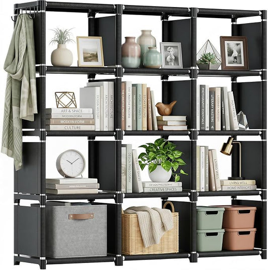 Mavivegue Book Shelf, 12 Cube Storage Organizer, DIY Bookcase, Metal Bookshelf,Tall Book case for Bedroom, Living Room,Office,Closet, Black Cubicle Rack