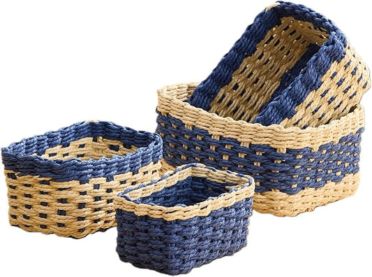 4PCS Woven Storage Baskets Set, Small Baskets for Organizing, Square Handwoven Paper Rope Organizer Bins for Shelves and Home Storage (Natural & Navy)