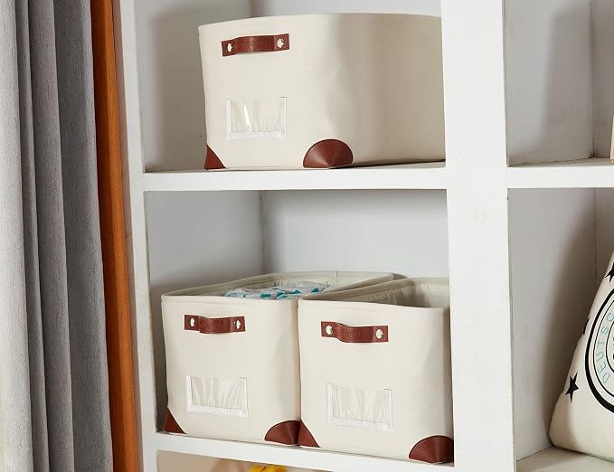 DECOMOMO Storage Bins, Fabric Storage Baskets for Shelves | 3 Pack Linen Closet Organization (Creamy White, Large)