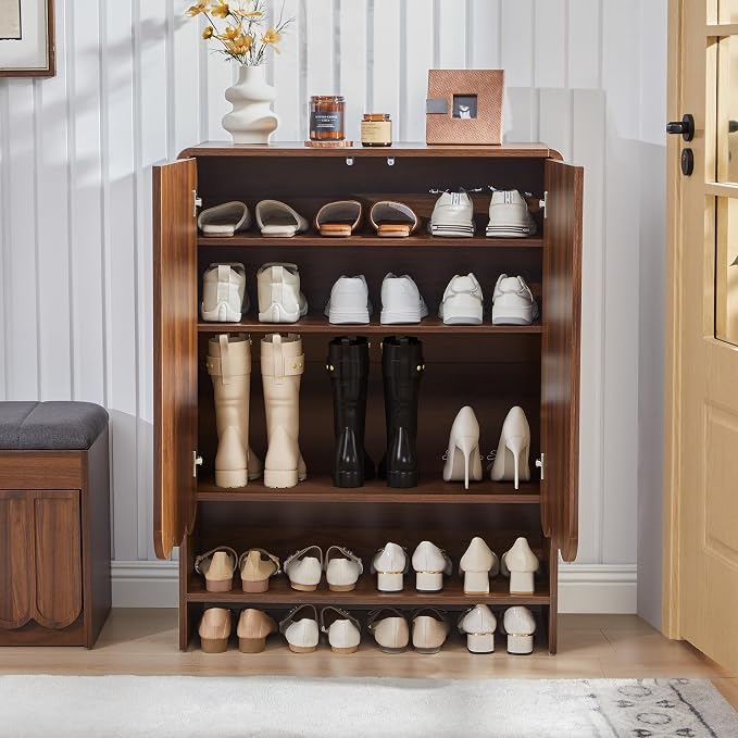 Shoe Storage Cabinet with Scalloped Doors, 5-Tier Wooden Shoe Cabinet with Adjustable Shelves, Shoes Rack Storage Organizer for Entryway, Hallway, Living Room, Walnut