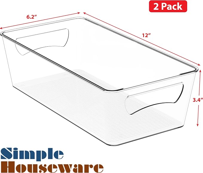 Simple Houseware 2 Pack Clear Fridge Organizer Bin Storage (12"x6"x3.4") | for Cabinet / Pantry / Refrigerator / Freezer / Kitchen
