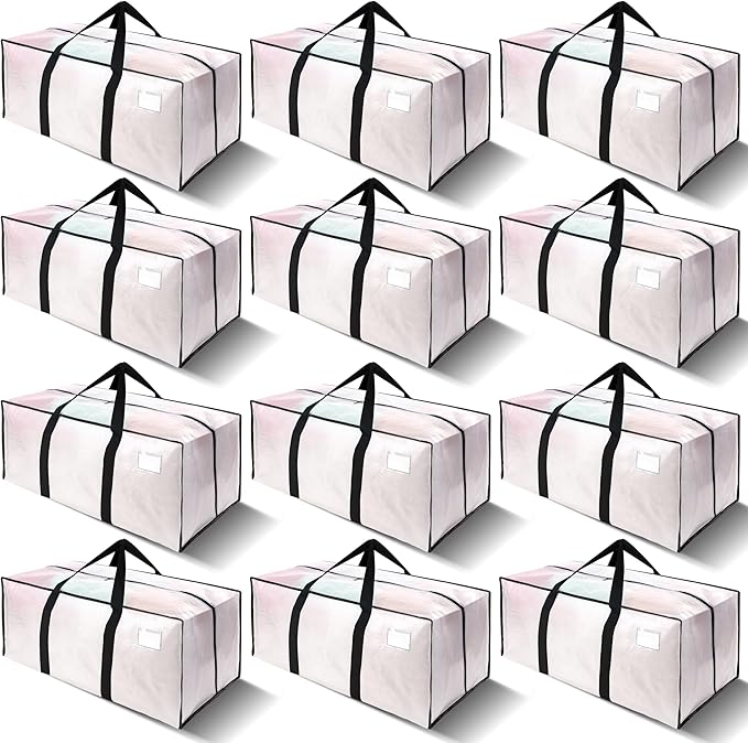 VELVETSURE 12 Pack Heavy Duty Large Moving Bags W/Backpack Straps - Strong Handles & Zippers, Storage Totes For Space Saving, Fold Flat, Alternative to Moving Box and Storage Bin, Semi-Transparent