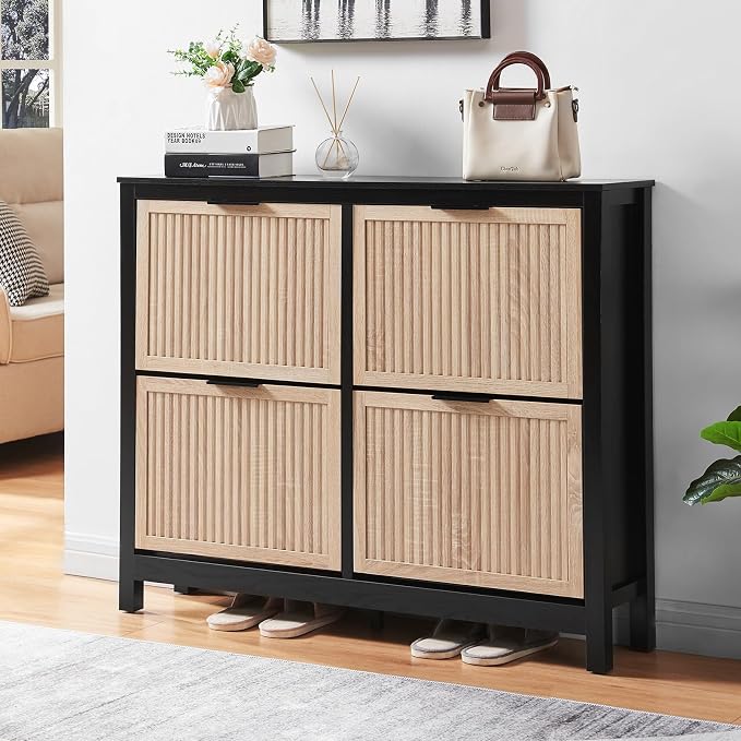4-Flip Drawer Shoe Cabinet Narrow Entryway Rack, Oak & Black | Vertical Wood Grain, Metal Handles, Adjustable Compartments, Removable Shelf, Anti-Tip Device, for Hallway Foyer Entryway