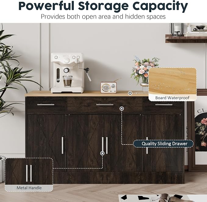 Kitchen Buffet Sideboard Cabinet, Farmhouse Storage Cabinet with 4 Doors and 3 Drawers, Wooden Base Cabinet with Adjustable Shelf for Living Room, Brown