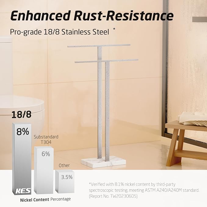 KES Standing Towel Racks for Bathroom 2-Tier, Floor Towel Rack Stand with Heavy Marble Base, Upgrade Steady Freestanding Design, Pro-Grade 18/8 Stainless Steel Brushed Finish, BTH217-2