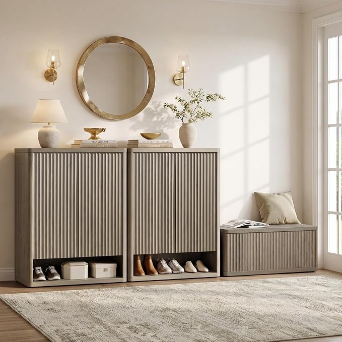 SICOTAS Shoe Cabinet 44 inch Tall Fluted Shoe Cabinet with Doors & 4 Shelves Wooden Large Hidden Shoe Storage Organizer Modern Free Standing 6-Tier Cabinet for Entryway Living Room Closet