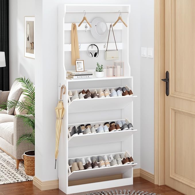 Shoe Cabinet for Entryway with 3 Flip Drawers, White Tall Wood Shoe Storage Cabinet with Coat Rack, Narrow Hidden Slim Freestanding Shoe Rack Organizer, 2 in 1 Hall Tree for Living Room, Hallway