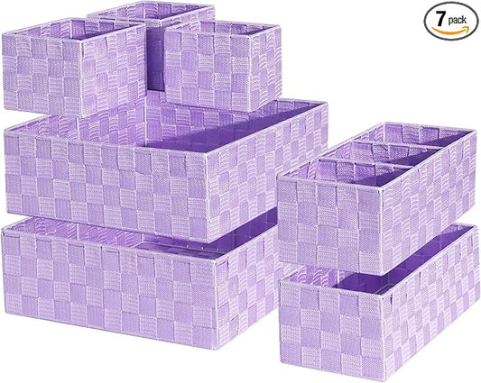 Drawer Organizer, Cube Baskets for Storage Shelves, Handmade Small Woven Basket, Shallow Storage Bins for Organizing Desk, Dresser, Kitchen, Pantry, Nested 7 Pack, Purple