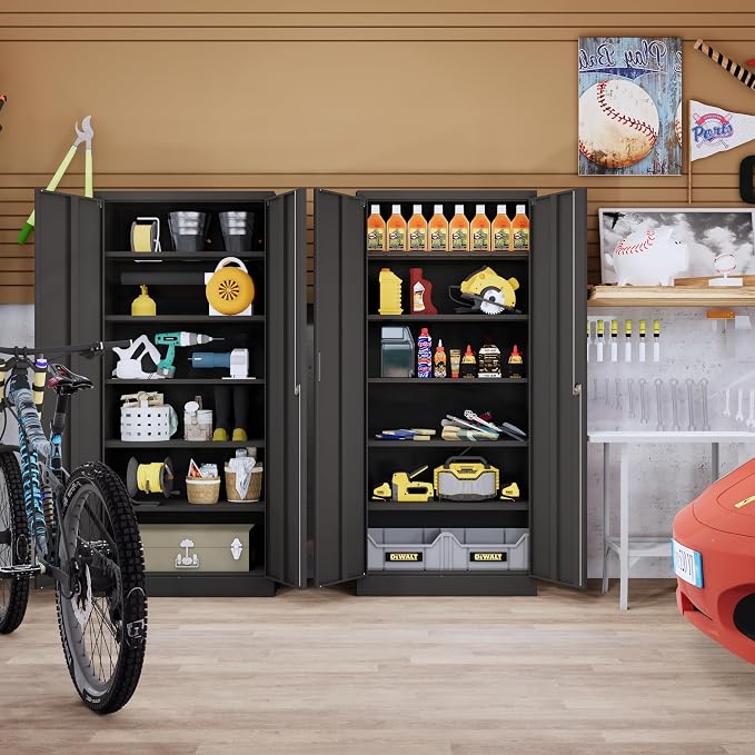 CJF 71" H Metal Storage Cabinet, Locking Cabinet with 2 Doors and 5 Adjustable Shelves, Black Tall Cabinet for Garage, Home, Office, Pantry, Workshop, School