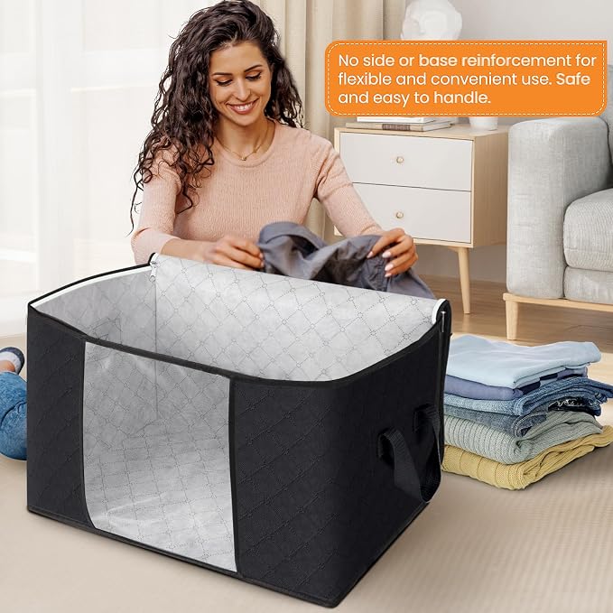Fab totes 24 Gallons Clothes Storage, Foldable Thick Fabric Blanket Storage Bags, Containers for Organizing Bedroom, Closet, Clothing, Comforter, Organization with Handle (8 Pack,Black)