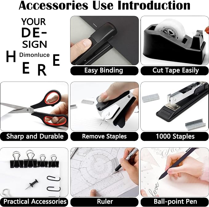 Dimonluce Office Desk Accessories, Black Office Supplies Accessories with Tape Dispenser, Stapler, Staple Remover, 1000 Staples, Tape, Clips Set, Ruler, Scissor, Pen