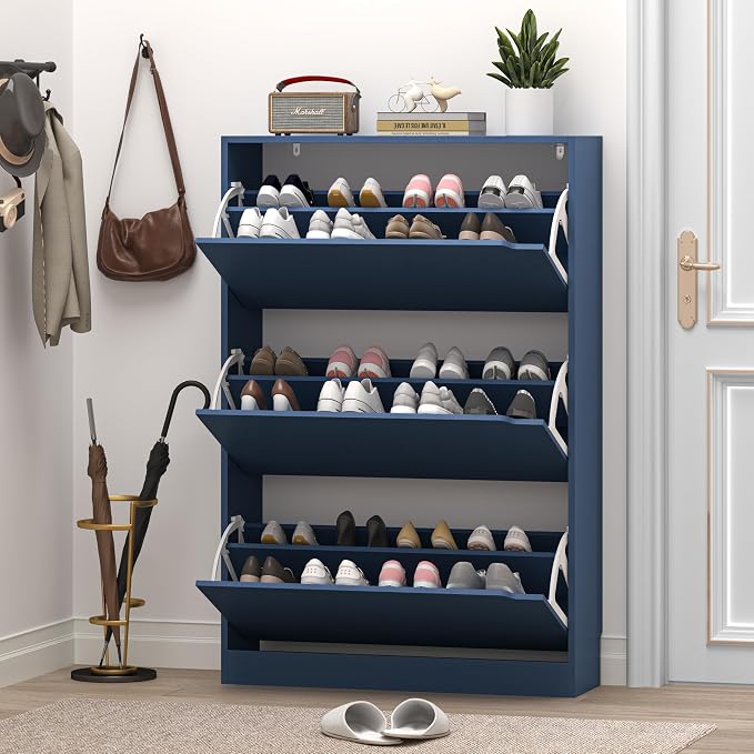 BORNOON Shoe Cabinet with 3 Flip Drawers, Hidden Wood Shoe Cabinet,Freestanding Shoe Storage Cabinet for Entryway Hallway. 47.2" H*31.5" W*9.45" D