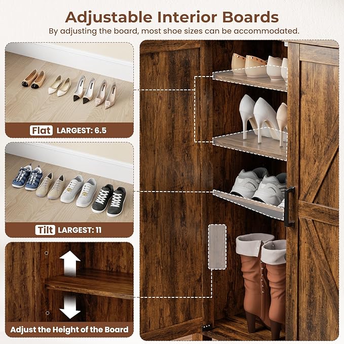 ALLSTAND 5-Tier Shoe Storage Cabinet, Farmhouse Shoe Rack Organizer Cabinet with 4 Adjustable Shelves & Side Cabinets, Freestanding Shoe Cabinet Storage with Anti-tip Fitting for Entryway, Brown