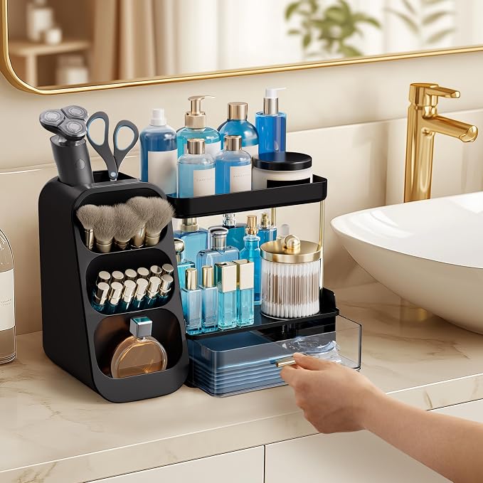 HBlife Bathroom Organizers and Storage with Brush Holder for Vanity, 3 Tier Plastic Makeup Organizer for Dresser Counter, Skincare, Lipstick, Perfume, and Cosmetic Storage, Black