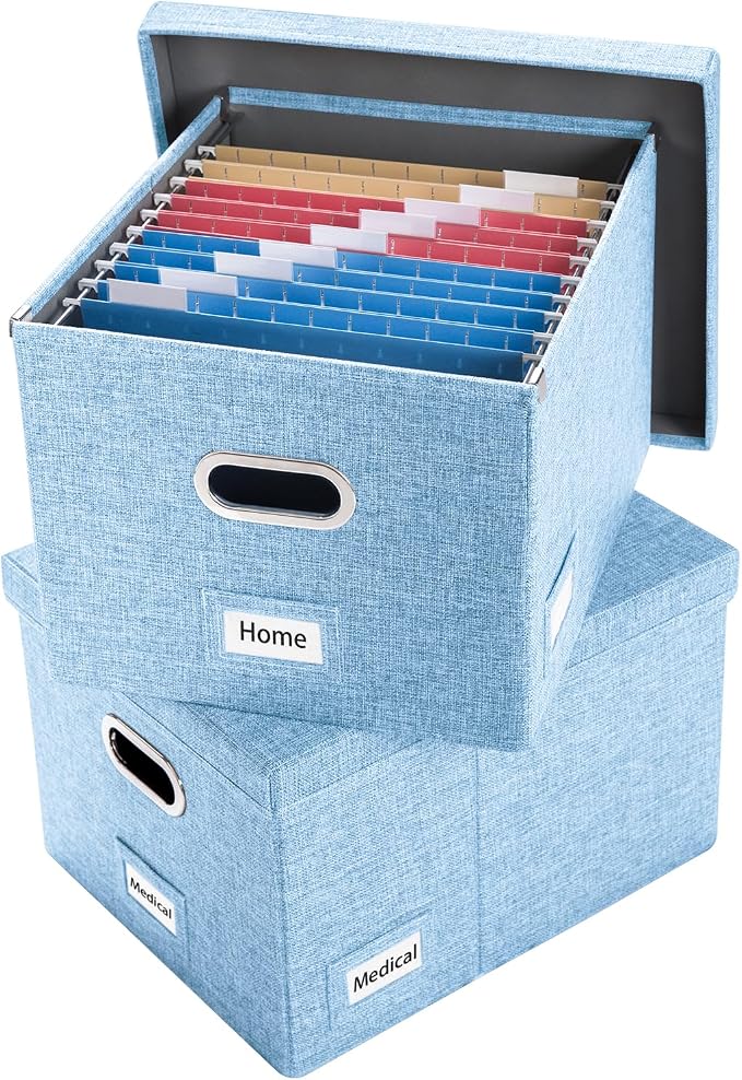 File Organizer Box - Set of 2 Collapsible Decorative Linen Filing Storage with Lids Office Cabinet Letter/Legal Size Blue (17x14x11.2 inch)