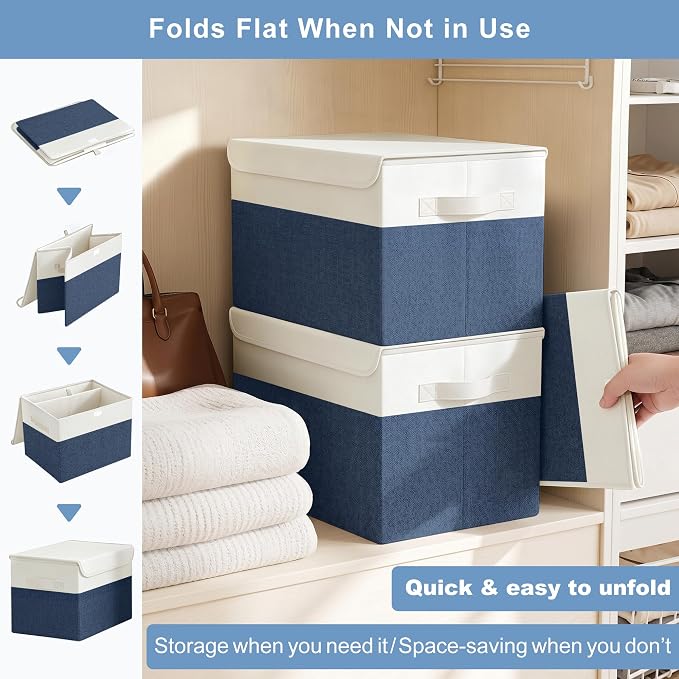 Bagnizer Large 22 Quart Linen Fabric Foldable Storage Bin Cube Organizer Basket with Flip-Top Lid & Handles, Clothes Blanket Box for Home, Office, Closet, Navy Blue & White, 4 Pack 14.6 x 9.5 x 9.5