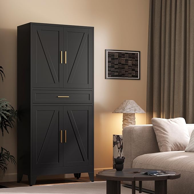 71" H Metal Kitchen Pantry Cabinet with Drawers,Black Kitchen Storage Cabinets with Doors,Tall Pantry Food Storage Cabinets,Large Freestanding Cabinets for Dining Room, Living Room