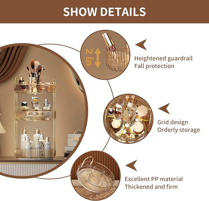 YCIA&DONE Rotating Makeup Organizer for Vanity, Large Capacity Make Up Storage Skin care Shelf Perfume Holders Cosmetic Dresser Organizer Countertop Spinning 360 (Amber Gold, 3Tiers)