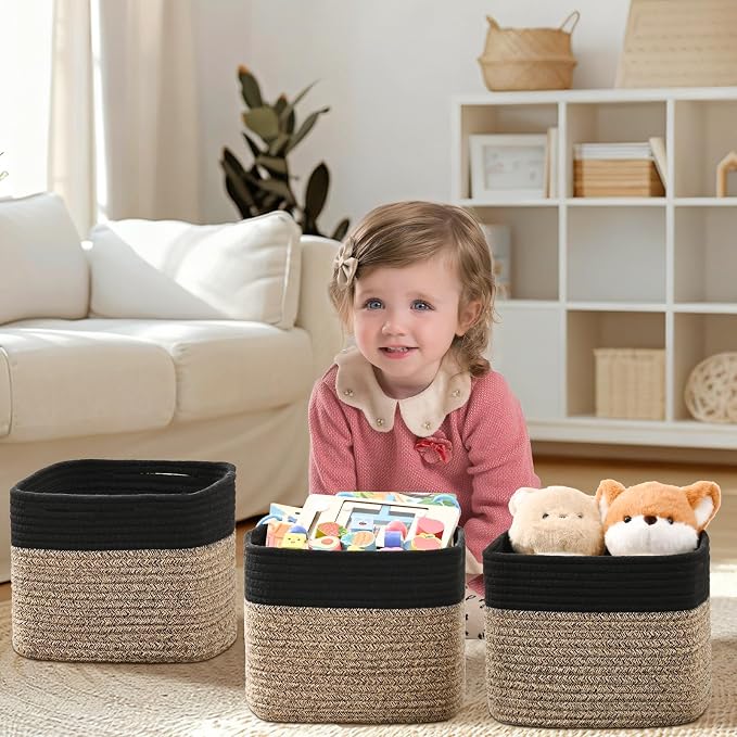 3 Pack Cube Storage Bin, 9”x9”x7” Cotton Rope Woven Baskets for Organizing Toys Clothes Towels, Square Gift Storage Baskets for Shelves, Nursery, Closet, Bathroom, Pantry (Black & Brown)