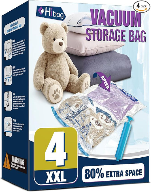 XXL Jumbo Vacuum Seal Storage Bags Extra Large for Clothing Bedding | 47''X35'', Airtight Triple Seal, Save 80% Space, Hand Pump, Work with Vacuum, Double Zip, Reusable, Easy to Use, 4 pack