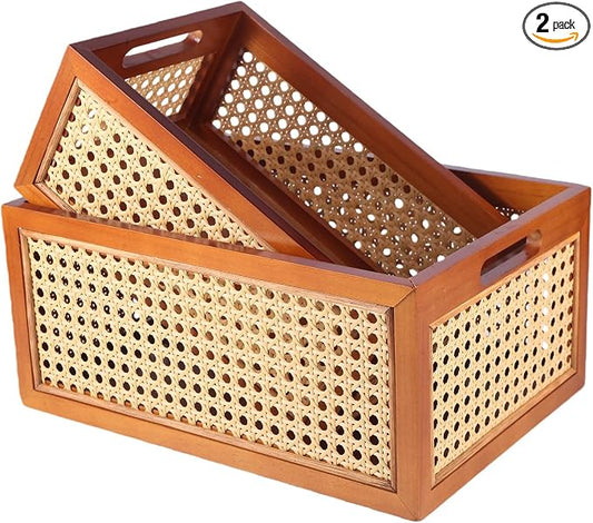 Rattan Storage Baskets Set, Wooden Frame with Woven Cane Design, Nesting Organizer Bins for Living room Bedroom Bathroom Kitchen Shelf, Set of 2